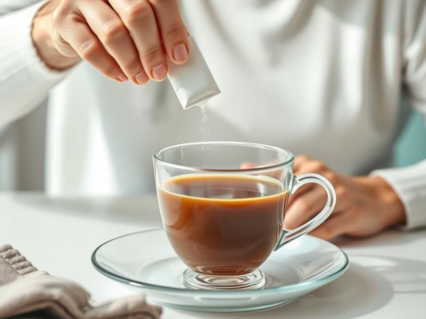 Кружка чая на блюдце с заменителем сахара