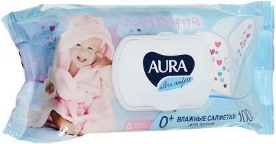 Купить aura (аура) ультра комфорт влажные салфетки для детей с алоэ и витамином е 100 шт в Павлове