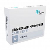 Купить глибенкламид+метформин, таблетки покрытые пленочной оболочкой 2,5мг+500мг, 60 шт  в Павлове