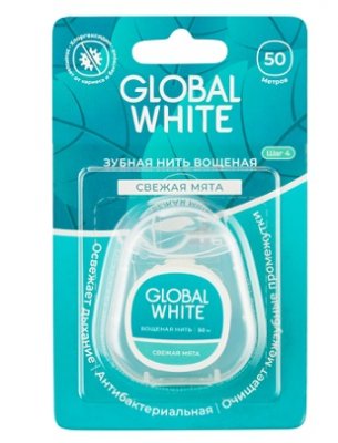 Купить глобал вайт (global white) зубная нить со вкусом свежей мяты с хлоргексидином, 50м в Павлове
