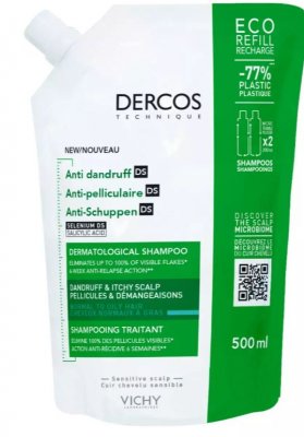 Купить vichy dercos (виши) шампунь-уход против перхоти для нормальных и жирных волос, сменный блок 500мл в Павлове