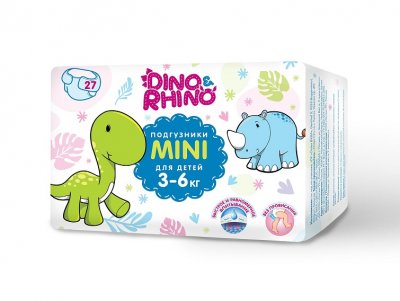 Купить подгузники для детей 3-6 кг дино и рино (dino & rhino) размер мини, 27 шт в Павлове
