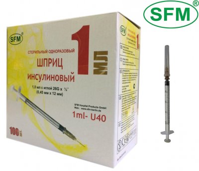 Купить шприц 1мл sfm инсулиновый u-40 с иглой 0.45х12. 26g 1 шт в Павлове
