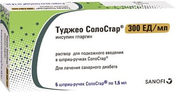 Туджео СолоСтар, раствор для подкожного введения 300 ЕД/мл, картридж 1,5мл+шприц-ручка СолоСтар, 5шт